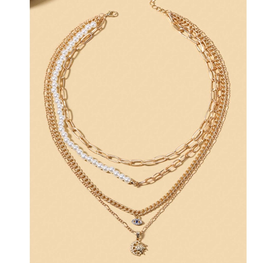 Boho Gold Tone Evil Eye Moon Multilayer Necklace - Picture 3 of 4